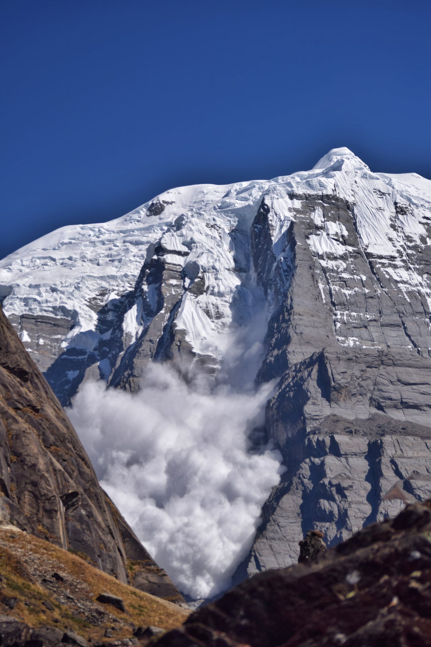 An avalanche running down the flank of Annapurna